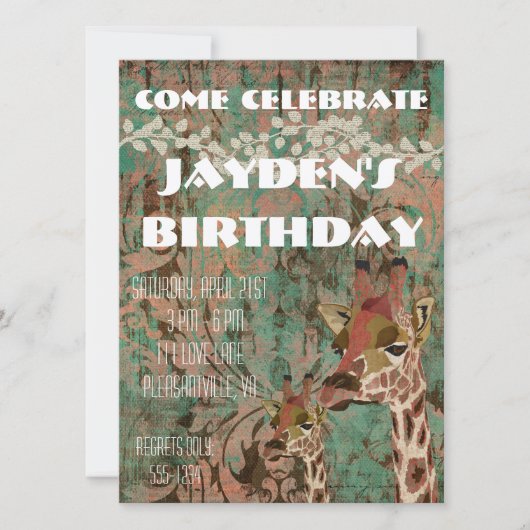 Rosa Giraffes Damask Birthday Invitation Kaart (Voorkant)