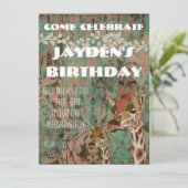 Rosa Giraffes Damask Birthday Invitation Kaart (Staand voorkant)