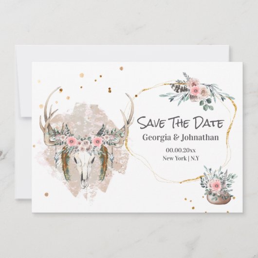 Rosa groene herten geweien roos boho chic save the date (Voorkant)