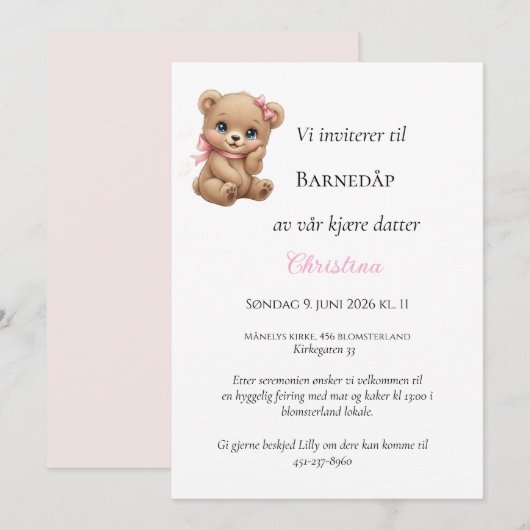 Rosa nœud ours invitation de baptême (Devant / Derrière)