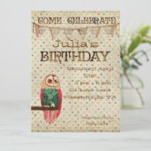 Rosa Owl Birthday Invitation Kaart (Staand voorkant)