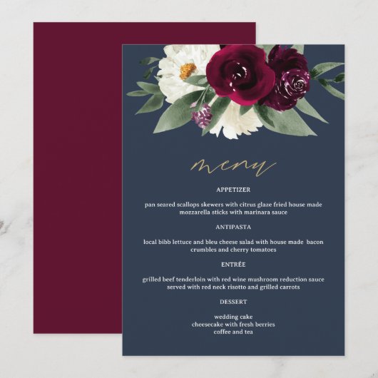 ROSA Rich Burgundy Floral Navy Blue 5x7" Menu (Voorkant / Achterkant)