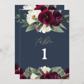 ROSA Rich Burgundy Floral Navy Blue Table Number Menu (Voorkant / Achterkant)