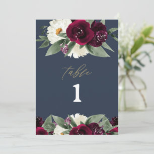 ROSA Rich Burgundy Floral Navy Blue Table Number Menu