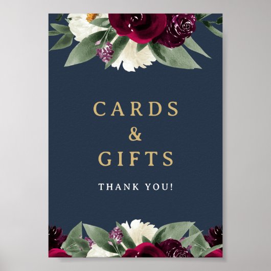 ROSA Rich Burgundy Floral Navy Cards en Gifts Poster (Voorkant)