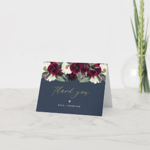 ROSA Rijke Bordeaux Waterverf Bloemen Navyblauw Bedankkaart