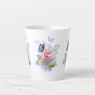 Rosa Rosen & blaue Schmetterlinge - Elegante Tasse Latte Mok