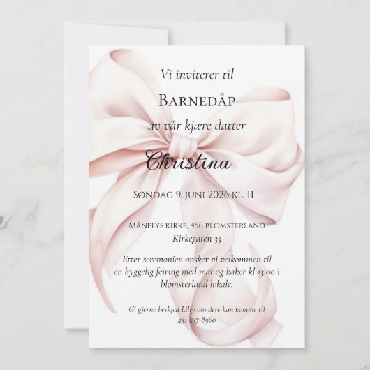 Rosa Ruban Invitation Baptême Enfant (Devant)