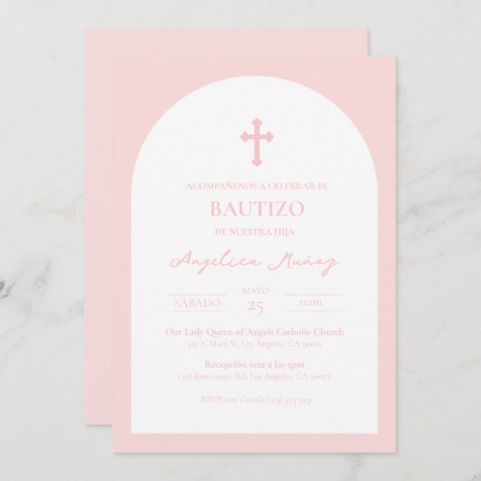 Rosa Simple Bautizo Invitación Baptism Uitnodiging (Voorkant / Achterkant)