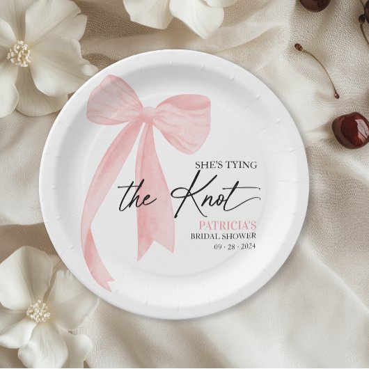 Rosa strik ze maakt de knopen vast Bruids douche Papieren Bordje