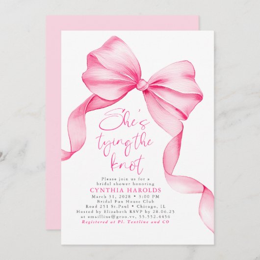 Rosa Strikje Zij Krijgt de Knoop Bruidsborrel Kaart (Voorkant / Achterkant)