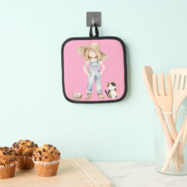 Rosa Topflappen mit Mädchen und Katze Pannenlap