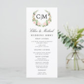 Rosa witte bloemige monogram naam bruiloft menu (Staand voorkant)