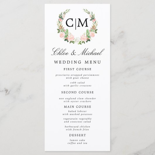 Rosa witte bloemige monogram naam bruiloft menu (Voorkant)
