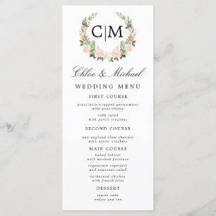 Rosa witte bloemige monogram naam bruiloft menu