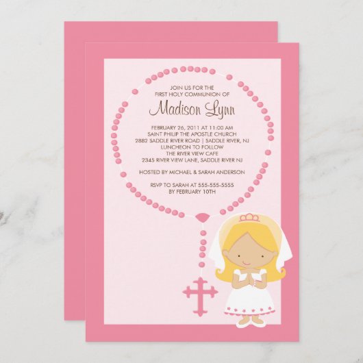 Rosaire mignon première communion Invitation fille (Devant / Derrière)