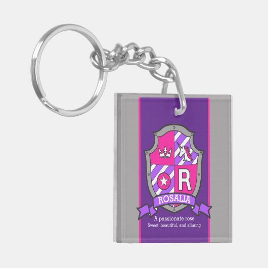 Rosalia naam betekent kuif eenhoorn gewoonte sleutelhanger (Voorkant Links)