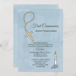 Rosary Beads, Candle Blue First Community Invite Kaart