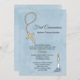 Rosary Beads, Candle Blue First Community Invite Kaart