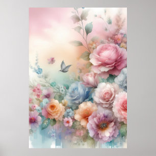 Rosas Vintage kleur pastel met vlinder Poster