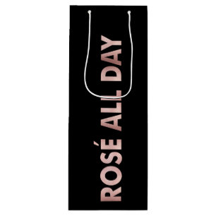 ROSÉ ALLE DAG Tekst in Faux roze Folie op zwart Wijn Cadeautas