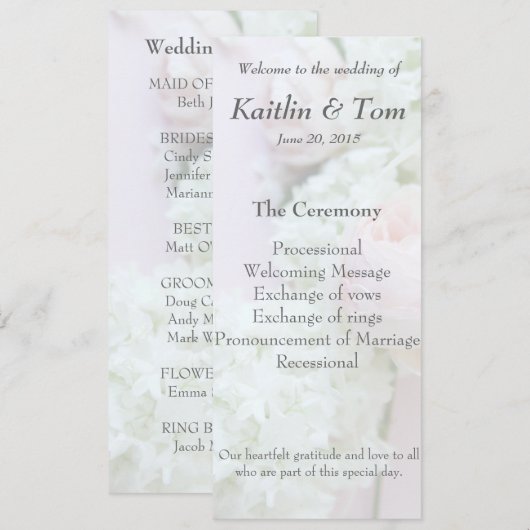 Rose avec programme de mariage à l'hydrangea décol (Devant / Derrière)