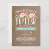 Rose Banner Burlap | Invitation Baptême Twins (Devant)