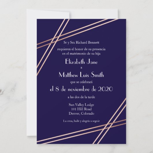 Rose bilingue Gold Stripes Mariage Invitation (Dos)