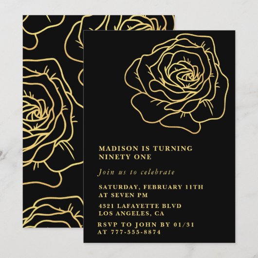 Rose Black Gold 91e anniversaire invitations (Devant / Derrière)