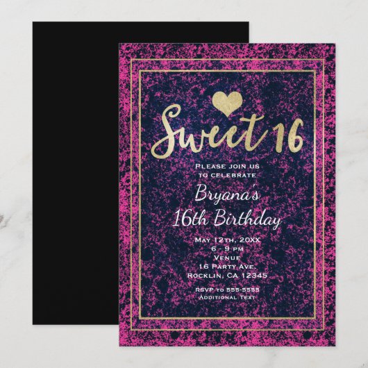 Rose & Black Gold Sweet 16 Modern Party Invitation (Devant / Derrière)