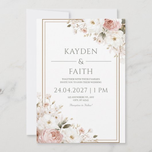 Rose blanc et Faire-part de mariage floral ivoire (Devant)