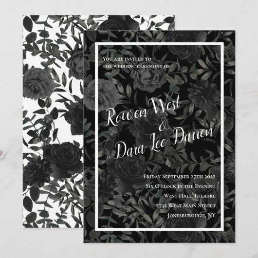 Rose blanc et noir Invitations de mariage gothique (Devant / Derrière)