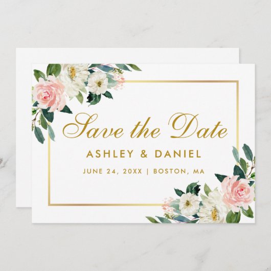 Rose Blanc Floral Enregistrer La Date Carte Or (Devant / Derrière)