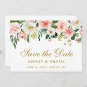 Rose Blanc Floral Or Enregistrer La Carte Date (Devant / Derrière)