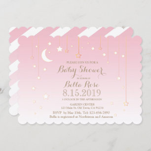 Rose blanc Lune étoile fille Invitation Baby showe