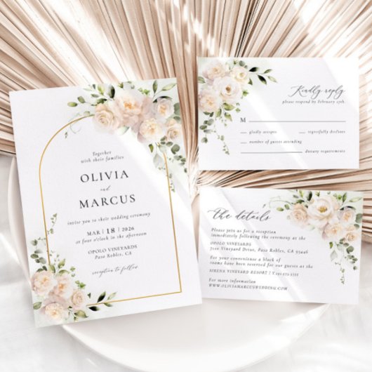 Rose blanche Arc Floral Élégant mariage invitation
