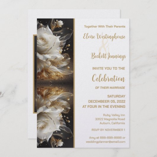 Rose blanche avec Faire-part de mariage or (Devant / Derrière)