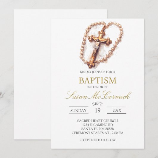 Rose blanche Baptême espagnol Invitation (Devant / Derrière)