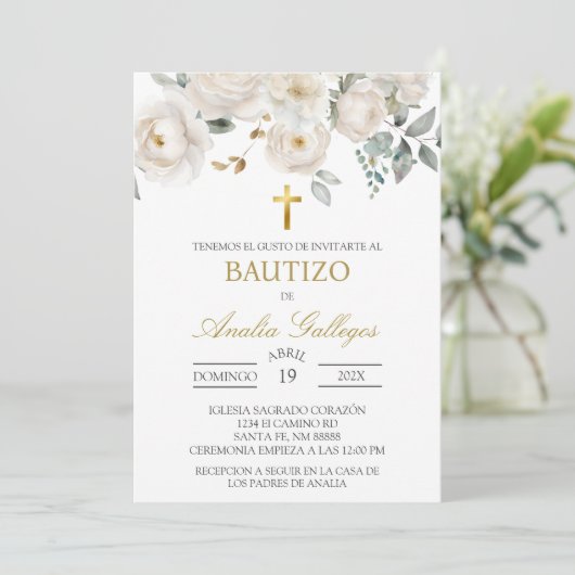 Rose blanche Baptême espagnol Invitation (Debout devant)