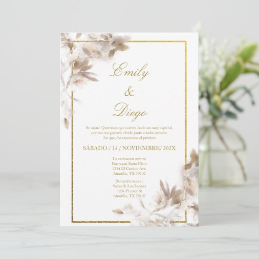 Rose blanche élégance mariage Invitation en espagn (Debout devant)