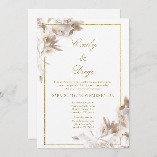 Rose blanche élégance mariage Invitation en espagn (Devant / Derrière)