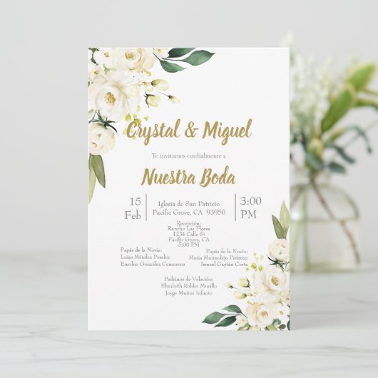 Rose blanche et rose faire-part de mariage en espa (Debout devant)