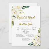 Rose blanche et rose faire-part de mariage en espa (Devant / Derrière)