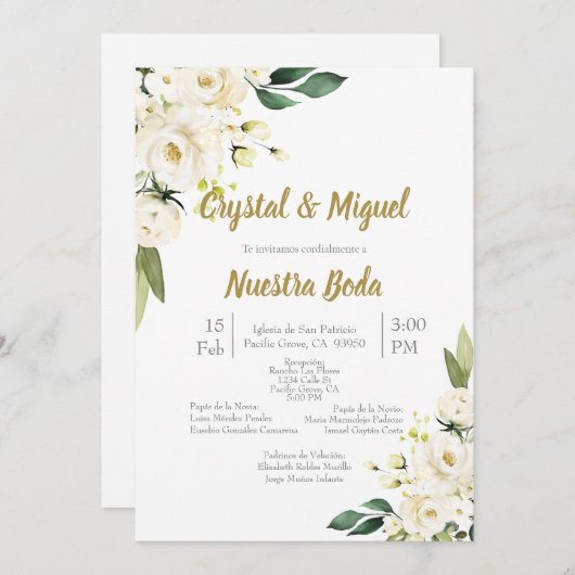 Rose blanche et rose faire-part de mariage en espa (Devant / Derrière)