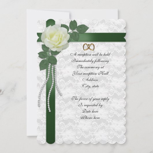 Rose blanche faire-part de mariage, rubans verts (Dos)