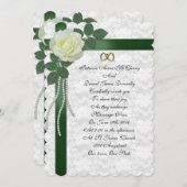 Rose blanche faire-part de mariage, rubans verts (Devant / Derrière)