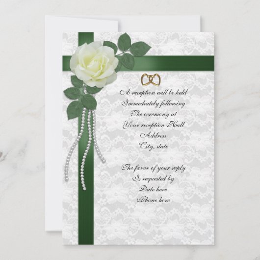 Rose blanche faire-part de mariage, rubans verts (Dos)