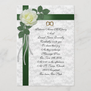 Rose blanche faire-part de mariage, rubans verts
