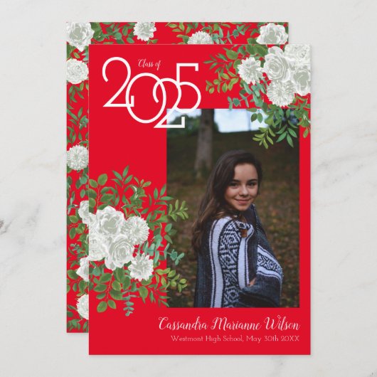 Rose blanche Faire-part d'obtention du diplôme (Devant / Derrière)