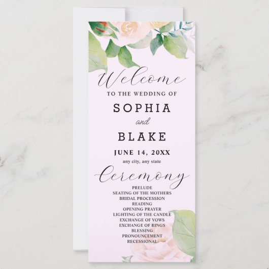Rose blanche Feuilles verts Programme de mariage r (Devant)